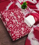 women's red unstitched cotton dress material with saboori printed dupatta