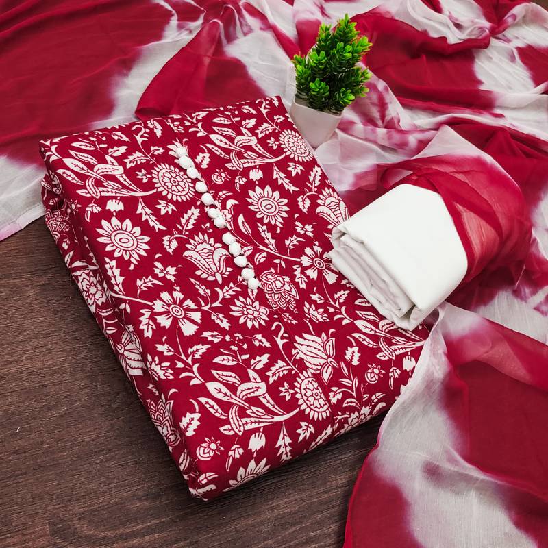 women's red unstitched cotton dress material with saboori printed dupatta