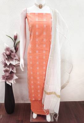 women's peach unstitched cotton jacquard dress material with woven dupatta 4