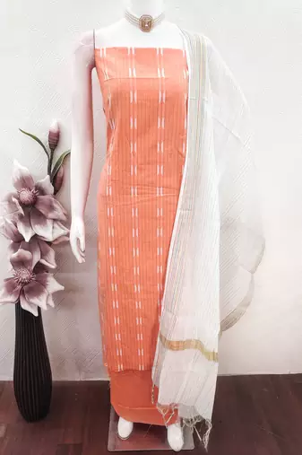 women's peach unstitched cotton jacquard dress material with woven dupatta