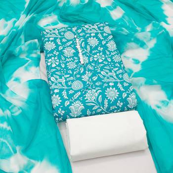 women's sea green unstitched cotton dress material with saboori printed dupatta 3