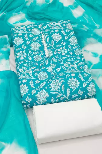 women's sea green unstitched cotton dress material with saboori printed dupatta