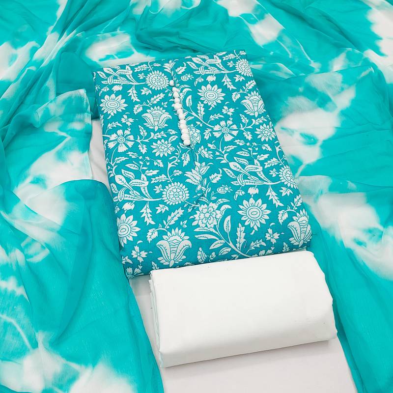 women's sea green unstitched cotton dress material with saboori printed dupatta