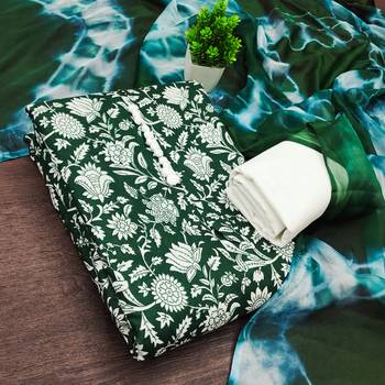 women's green unstitched cotton dress material with saboori printed dupatta 1