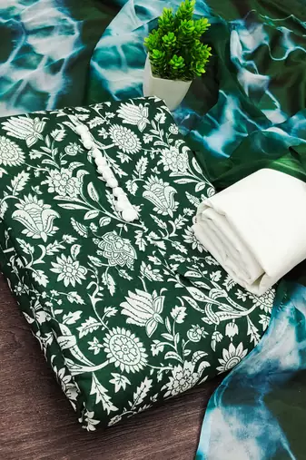 women's green unstitched cotton dress material with saboori printed dupatta