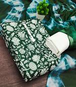 women's green unstitched cotton dress material with saboori printed dupatta