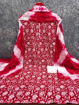 women's red unstitched cotton dress material with saboori printed dupatta 2