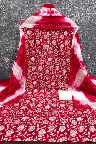 women's red unstitched cotton dress material with saboori printed dupatta
