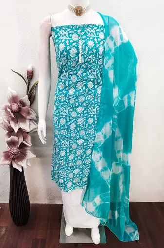 women's sea green unstitched cotton dress material with saboori printed dupatta