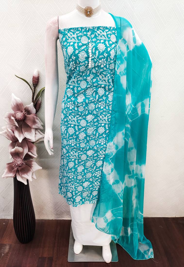 women's sea green unstitched cotton dress material with saboori printed dupatta