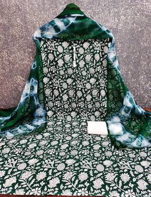 women's green unstitched cotton dress material with saboori printed dupatta 2