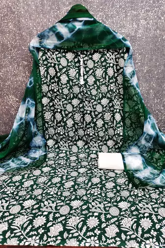 women's green unstitched cotton dress material with saboori printed dupatta