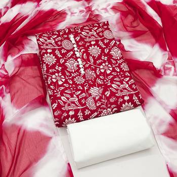 women's red unstitched cotton dress material with saboori printed dupatta 3