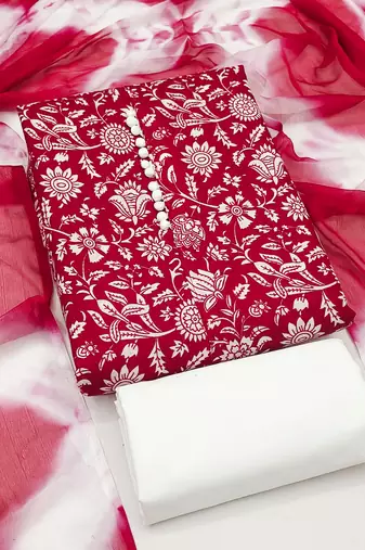 women's red unstitched cotton dress material with saboori printed dupatta