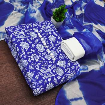 women's blue unstitched cotton dress material with saboori printed dupatta 1