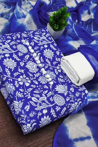 women's blue unstitched cotton dress material with saboori printed dupatta