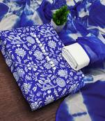 women's blue unstitched cotton dress material with saboori printed dupatta