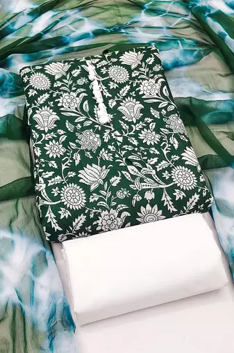 women's green unstitched cotton dress material with saboori printed dupatta
