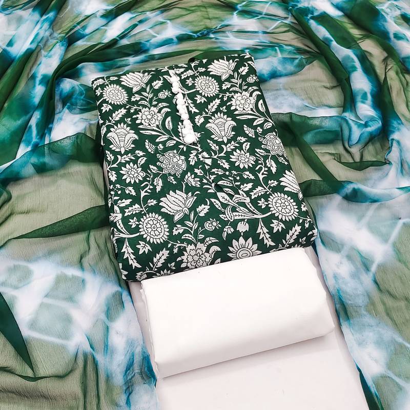 women's green unstitched cotton dress material with saboori printed dupatta