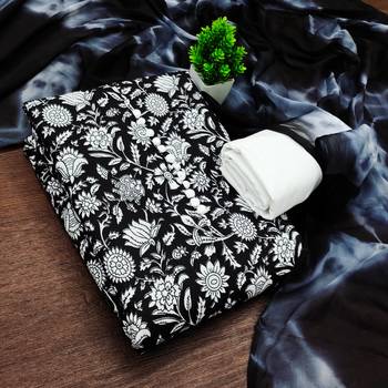 women's black unstitched cotton dress material with saboori printed dupatta 1