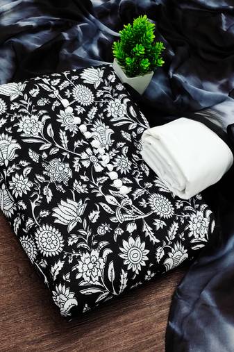 women's black unstitched cotton dress material with saboori printed dupatta