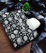 women's black unstitched cotton dress material with saboori printed dupatta