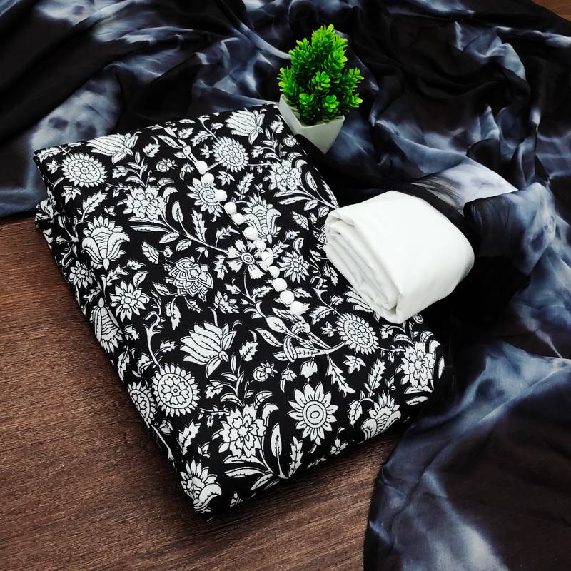 women's black unstitched cotton dress material with saboori printed dupatta