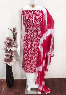 women's red unstitched cotton dress material with saboori printed dupatta 4