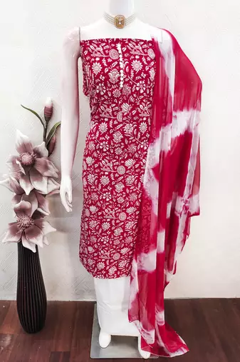 women's red unstitched cotton dress material with saboori printed dupatta