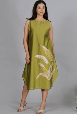 Olive green chanderi a-line dress with slip (2pcs set) 1