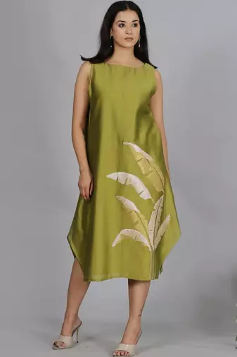 Olive green chanderi a-line dress with slip (2pcs set)