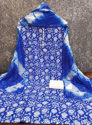 women's blue unstitched cotton dress material with saboori printed dupatta 2