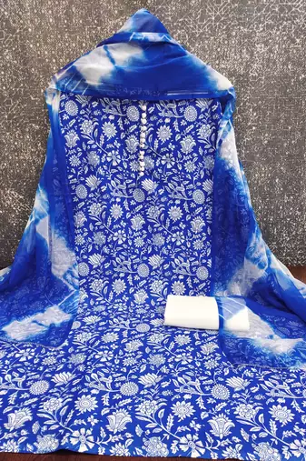 women's blue unstitched cotton dress material with saboori printed dupatta