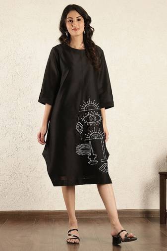 Black chanderi silk hand embroidered dress