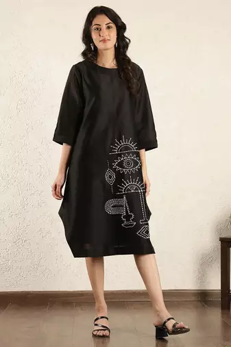 Black chanderi silk hand embroidered dress