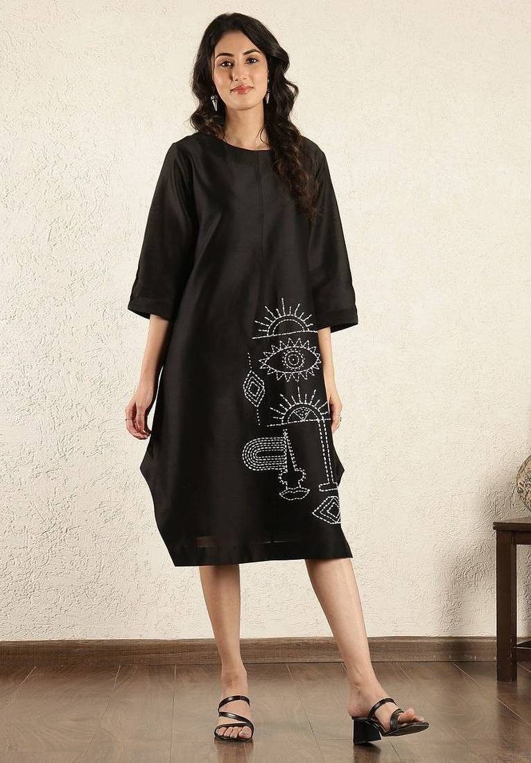 Black chanderi silk hand embroidered dress