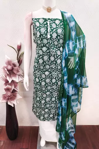 women's green unstitched cotton dress material with saboori printed dupatta