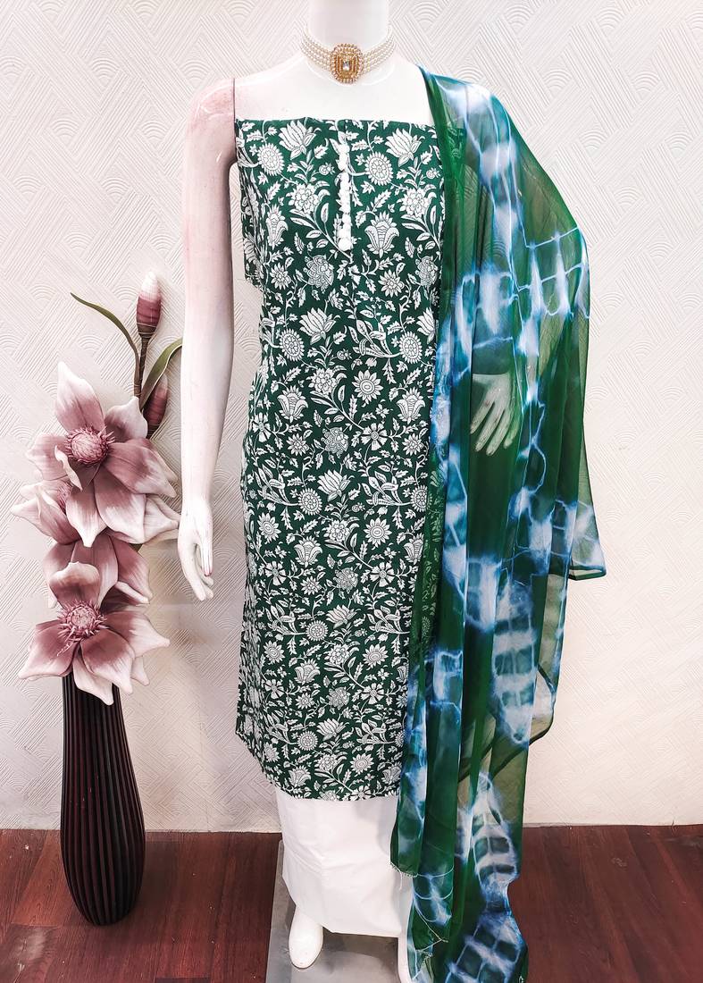 women's green unstitched cotton dress material with saboori printed dupatta