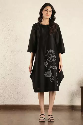 Black chanderi silk hand embroidered dress