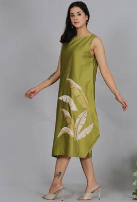 Olive green chanderi a-line dress with slip (2pcs set) 3