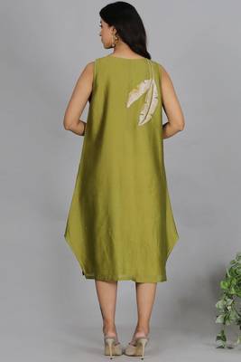 Olive green chanderi a-line dress with slip (2pcs set) 4
