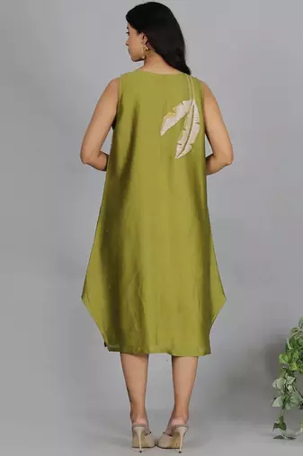 Olive green chanderi a-line dress with slip (2pcs set)