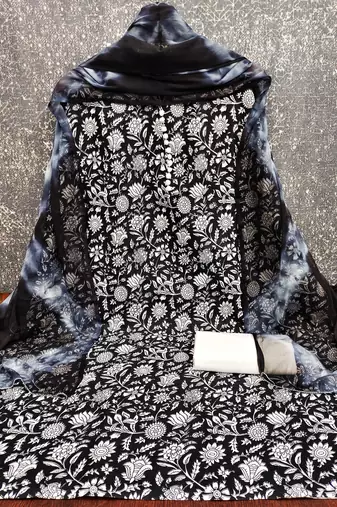 women's black unstitched cotton dress material with saboori printed dupatta