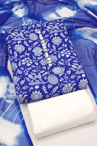 women's blue unstitched cotton dress material with saboori printed dupatta