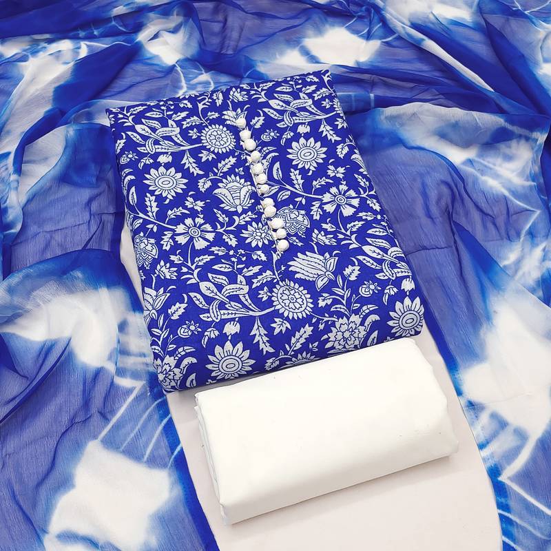 women's blue unstitched cotton dress material with saboori printed dupatta