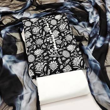 women's black unstitched cotton dress material with saboori printed dupatta 3