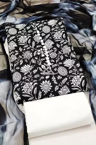women's black unstitched cotton dress material with saboori printed dupatta