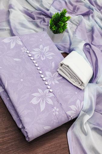 women's lavender unstitched cotton dress material with saboori printed dupatta