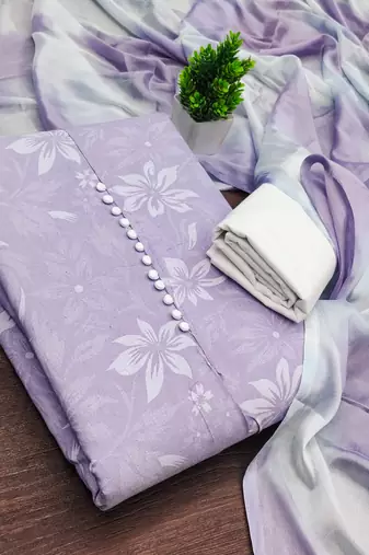 women's lavender unstitched cotton dress material with saboori printed dupatta