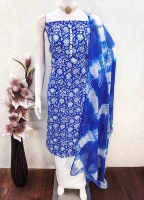 women's blue unstitched cotton dress material with saboori printed dupatta 4